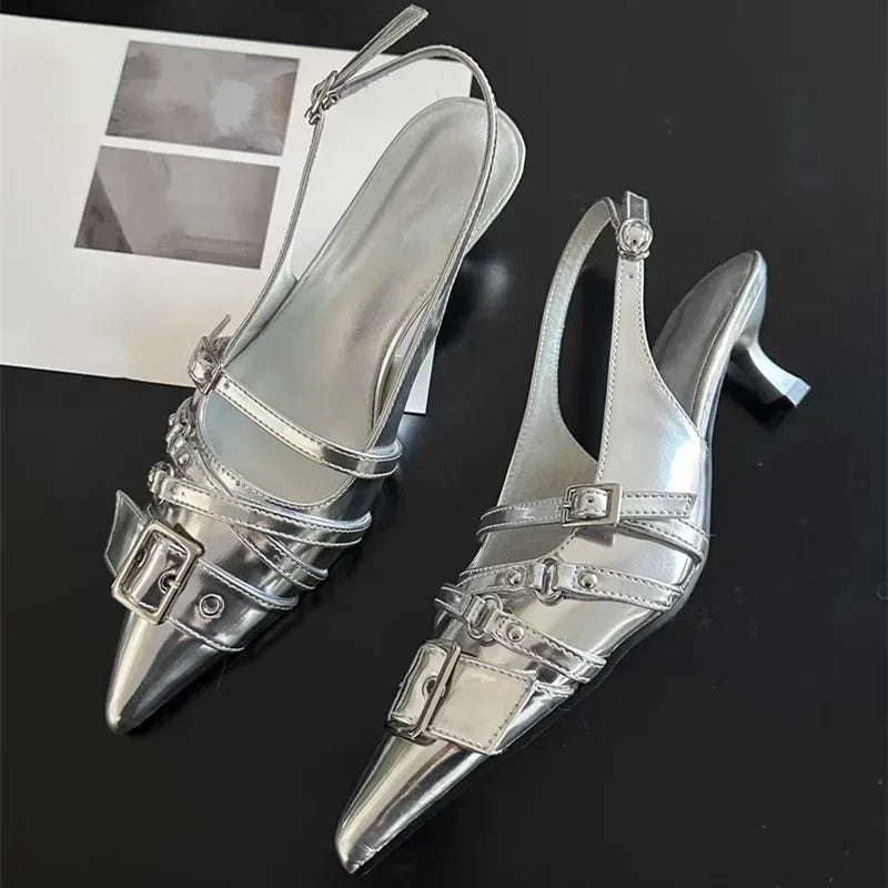 Pointed Toe High Heels Women Wear Belt Buckle Baotou Cold Slippers 2025 Half Drag Back Empty Single Shoes