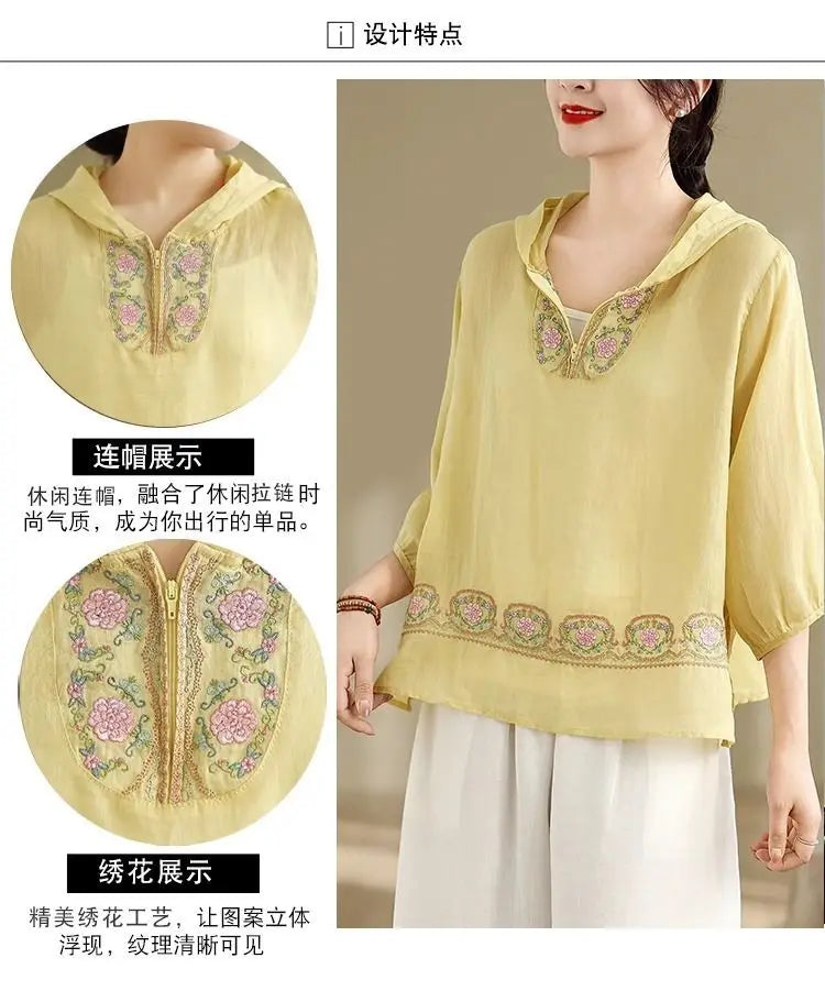Summer New Embroidered T-shirt Casual Versatile Seven Sleeve Temperament Hoodie Lightweight Hoodie Top for Women