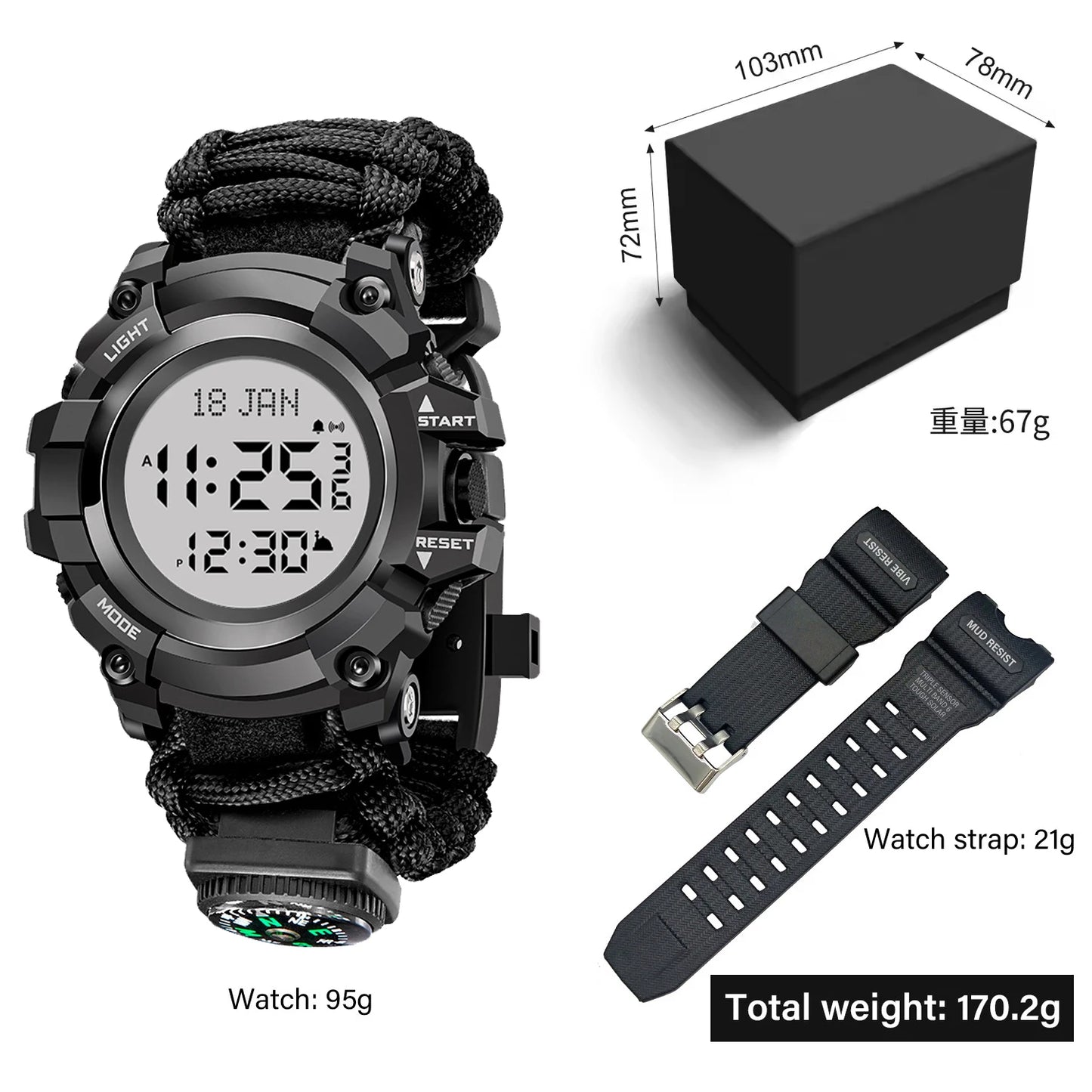 Islamic Prayer Watch Men Azan Watch Compass Multifunctional Digital Wristwatch Luminous Waterproof Outdoor Survival Watch