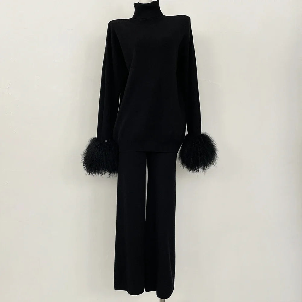 Knitwear Woman Wool & Blend Knitted Pullover and Pants Real Mongolian Sheep Fur Cuffs Sweater Set Real Fur Knitted Suit 2026 New