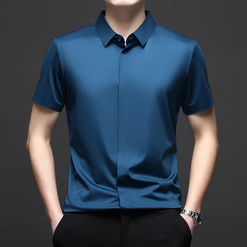 Silk Men Short Sleeve Shirt Business Casual Stretch Pure Color Commercial Affairs Casual Top