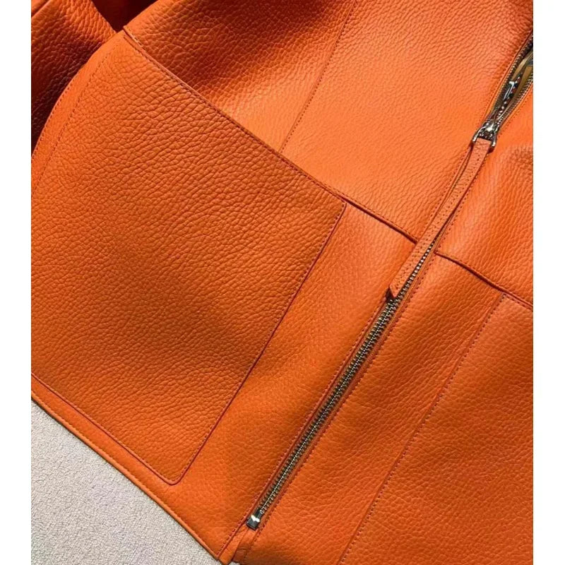 New fashion 2025 women coat sspring orange import real sheepskin jacket floral pattern lining short length big pockets