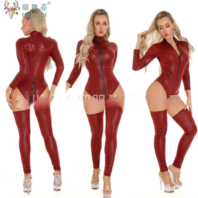 Lingerie Women Latex Leather Bodysuit with Belt Plus Size Rompers Shapewear Nightclub Outfit Cat Girl Porn Underwear