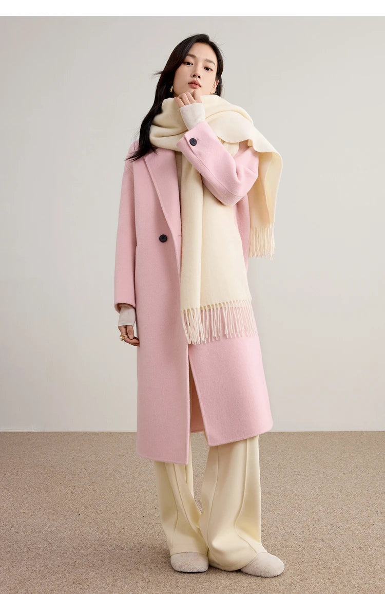 SENTUBILA Women's 100% Wool Double-Faced Coat Winter 2025 Suit Lapel Collar Classic Commuter Style Long Overcoat W54OA8779