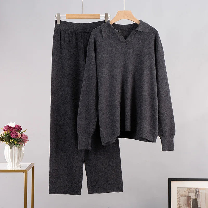 Sumuyoo Winter Thick Women Knitted Suits Cashmere Soft 2 Pieces Sets Female Polo Neck Sweater & Wide Leg Pants Knitted Outfit