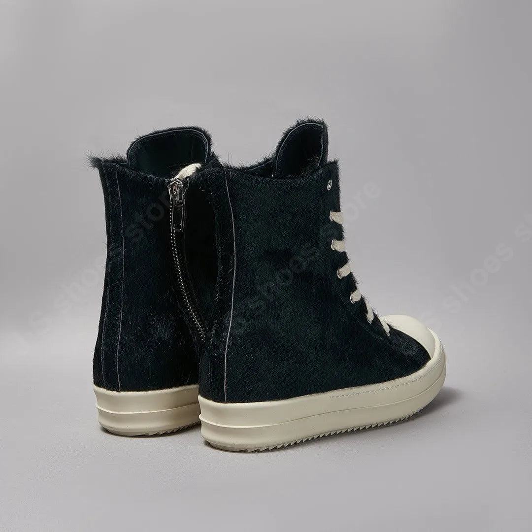 R-o Classic Men Shoe Black Horse Hair Boots Women Shoes High Top Sneaker Black Horsehair Ankle Boot Zipper Outside Sneakers