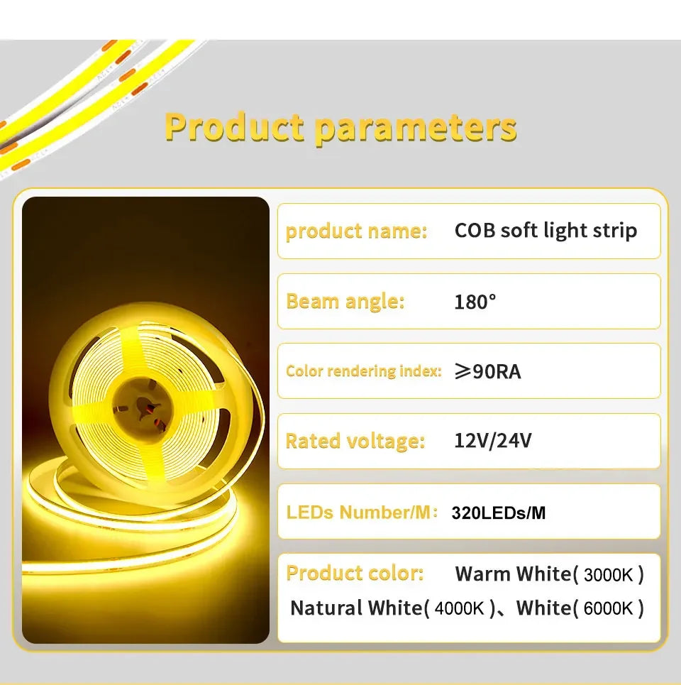 COB LED Strip Lights 12V 24V 10M 5M 3M 2M 1M 320LEDs/M High Density Flexible LED Tape 2700K 4500K 6000K Kitchen Room Decor 8mm