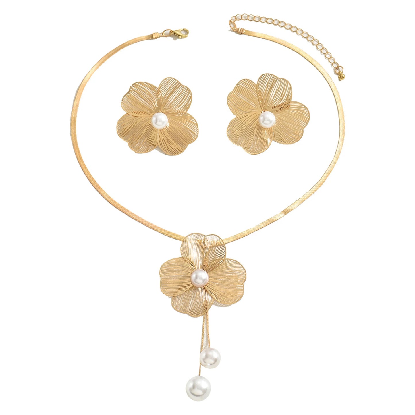 Necklace Earrings Set Elegant Gold Color Flowers Pendant Ladies High-end Inlaid Pearl Clavicle Jewelry Set Decoration.