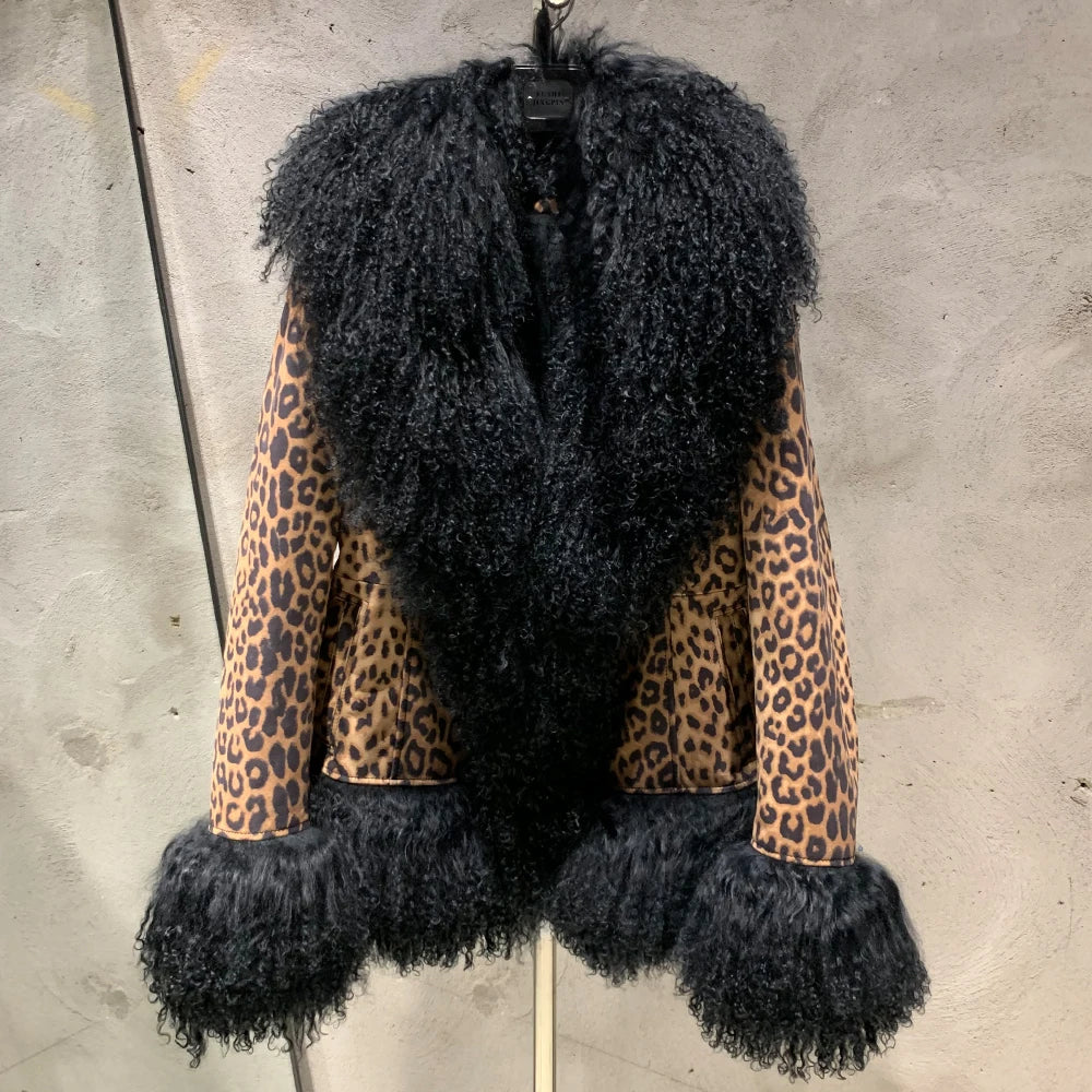 Sheep Collar Coats Women Winter Luxury Mongolian Fur Leather Jackets with Long Sleeve 7251