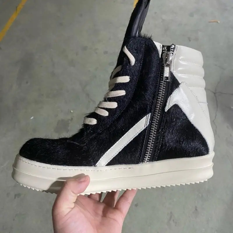 Ro Luxury Men Ankle Boot Black Horsehair Boots Women Sneaker Horse Hair High Top Shoe  Casual Shoes Zipper Sneakers