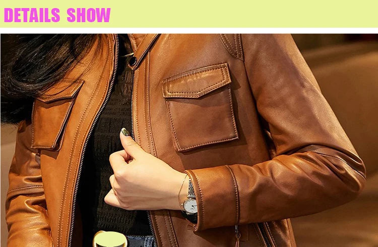 Autumn Clothes Women Genuine Sheepskin Short Locomotive Jaqueta Feminina Stand Collar Slim Vintage Versatile Brown Leather Coat