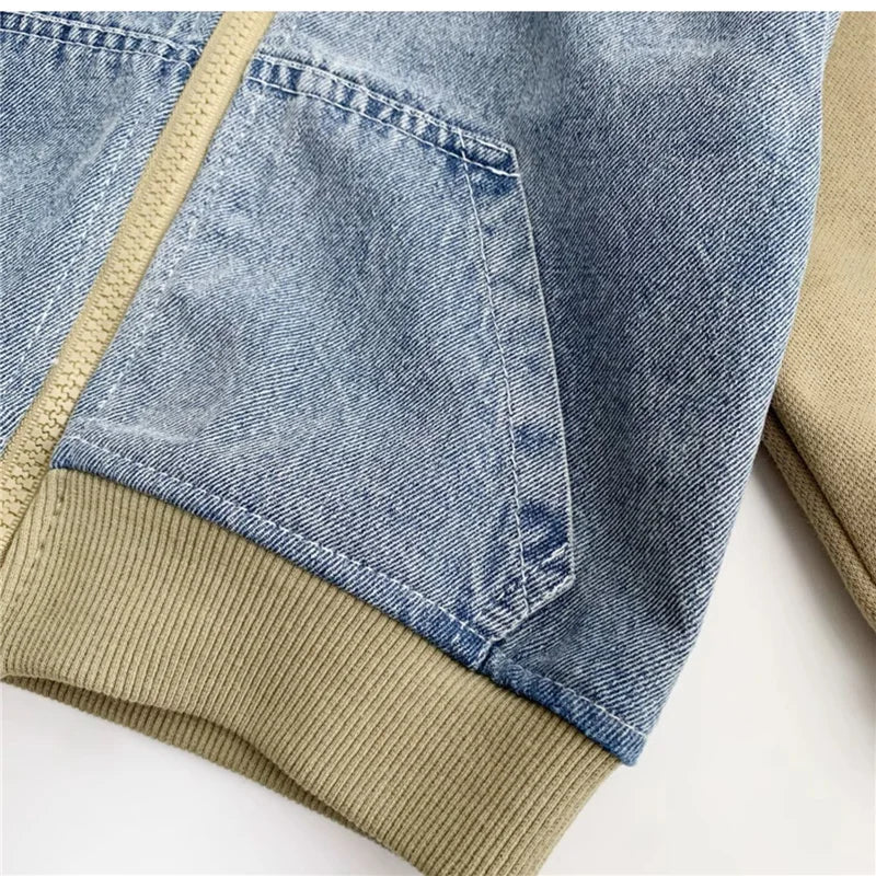 Boys Jeans Jackets Spring Girls Fashion Hooded Coats Autumn Children Clothes Kids Casual Zipper Colorblocking Outerwear 1-10Y