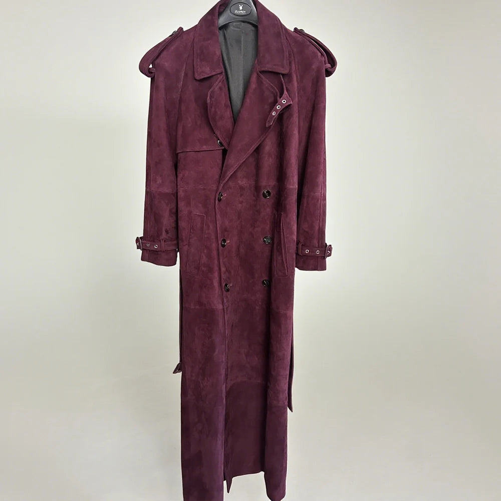 Suede Burgundy Long Coat Double Breasted Windbreak Length 150cm Women's Real Suede Coat