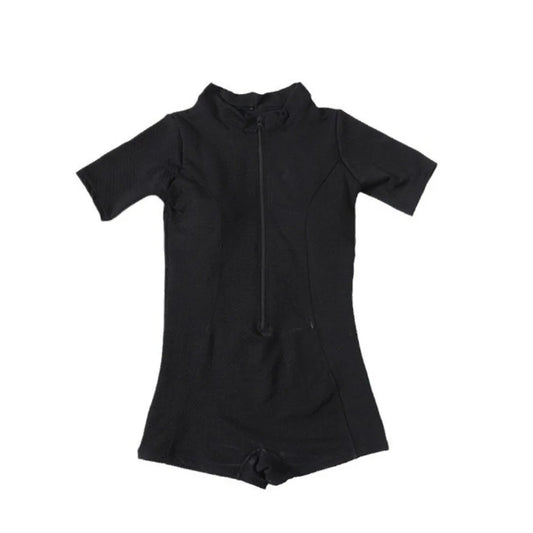 New Fashion Short Sleeve Swimming Suit Solid Half High Collar Bathing Suit Blue High Neck Rash Guard Swimming