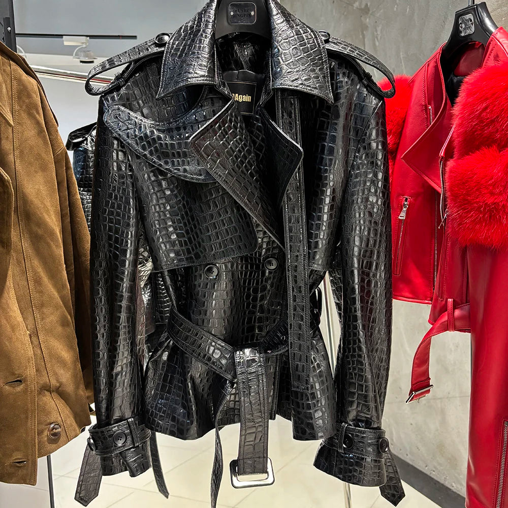 YOLOAgain Double Breasted Croc Pattern Leather Jacket Women 2023 Autumn New Genuine Leather Jacket Ladies