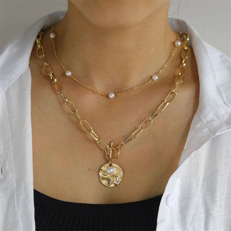 Classic Pendant Necklace for Women Micro Zircon Turkish Lucky Evil Eyes Palm Cross Pearl Multilayer Metal Chain Choker Jewelry