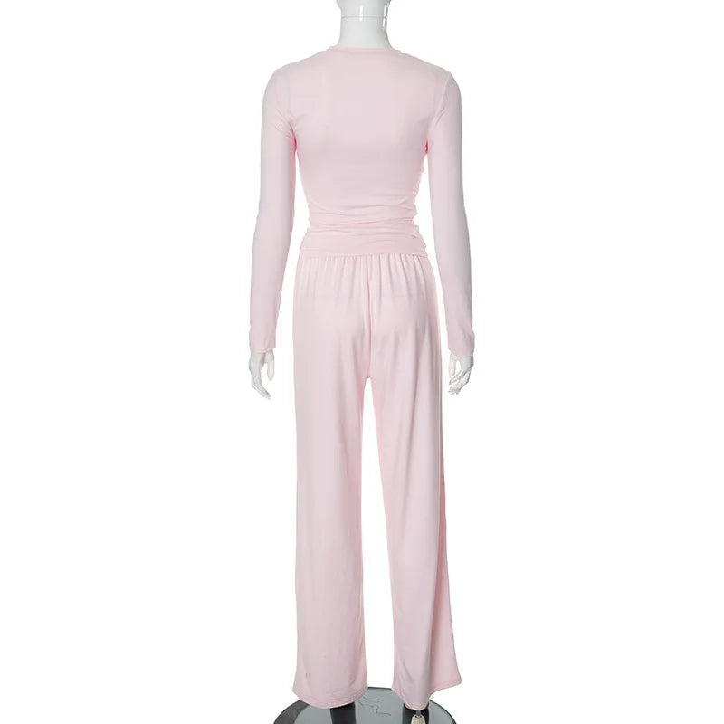 Apprabant Solid Pleated Casual Basic Trousers Set Round Neck Long Sleeve Top Fashion Sports Style High Waist Wide Leg Pants Suit