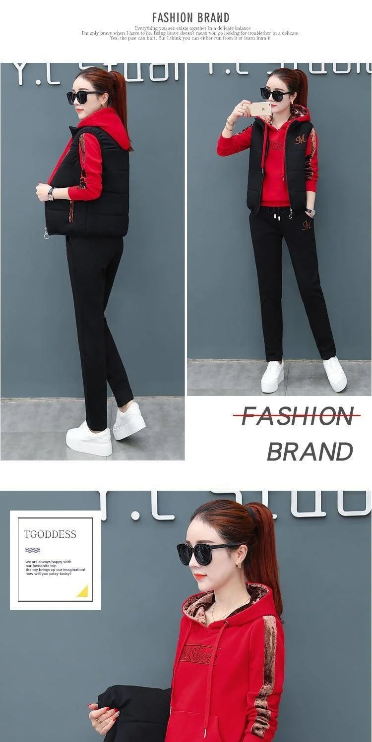 Women's Casual Sweat Suit 2025 Autumn Winter New Fashion Plush Thickened Hooded Tops Waistcoat Pants 3 Three Piece Set For Women