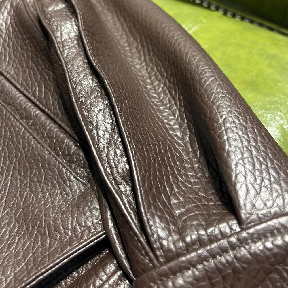 Oversized Brown Grained Letaher Jackets Women Genuine Jacket Sheep Leather Autumn Bomber Leather Jackets