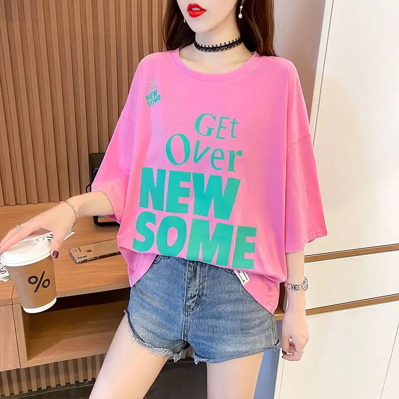Women's T-shirt Summer Outfit Graphic Short Sleeve Cotton Top Female Baggy Trending Clothing Korean Popular Clothes Cheap Woman