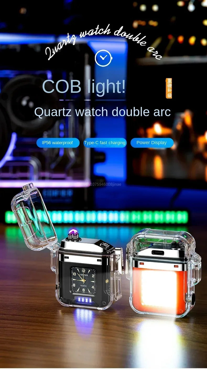 Waterproof Watch Lighter Windproof USB Plasma Rechargeable Lighter Outdoor Portable Smoking Cigarette Lighter Men's Watch Gift