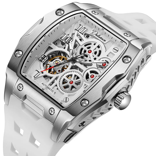Watches For Men Original Automatic Mechanical Watch Skeleton Waterproof Luminous Men's Watch White Rubber Strap Reloj Hombre