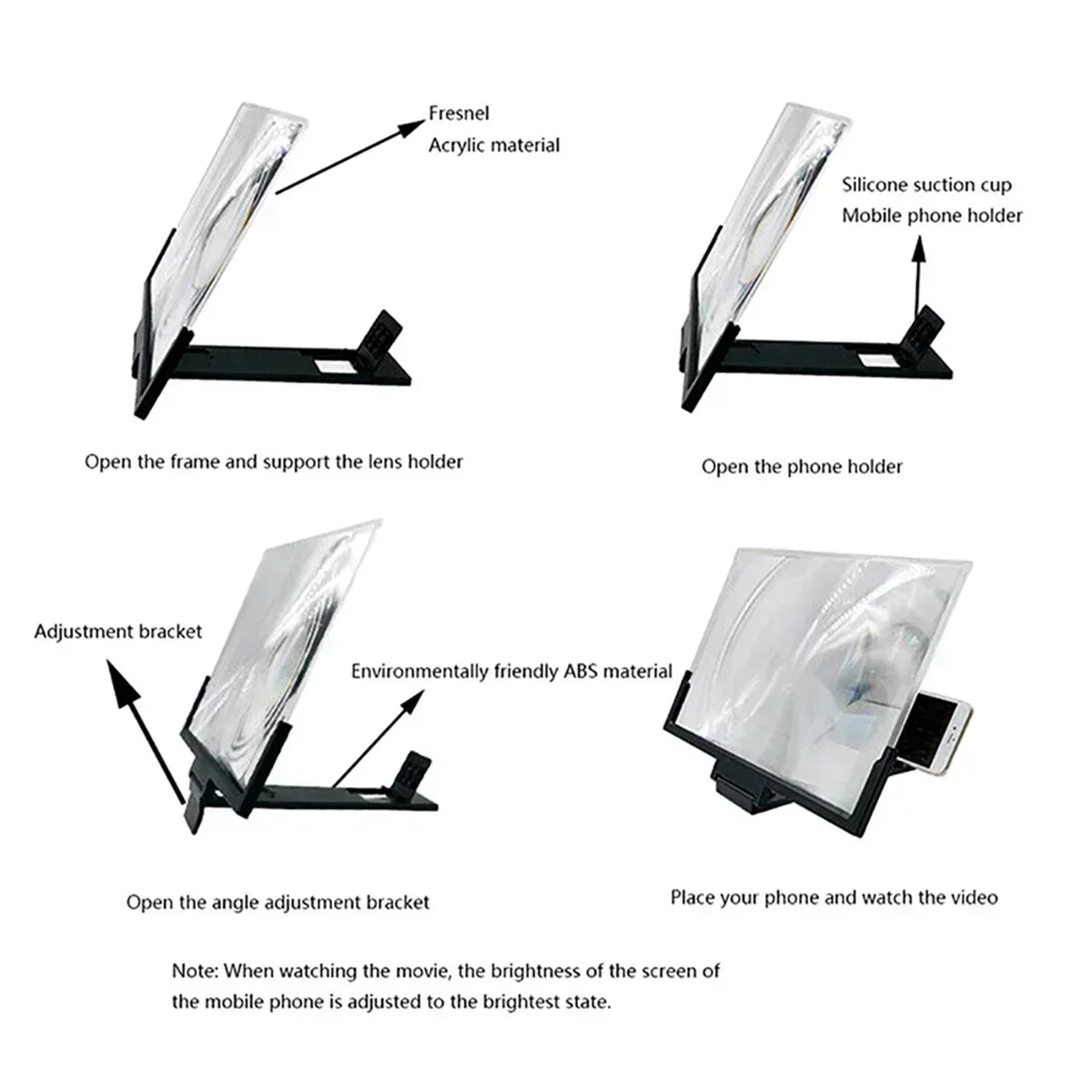 12-14" Screen Magnifier for Cell Phone Stand Magnifying Projector Screen Enlarger Expander for Movies, Videos, and Gaming