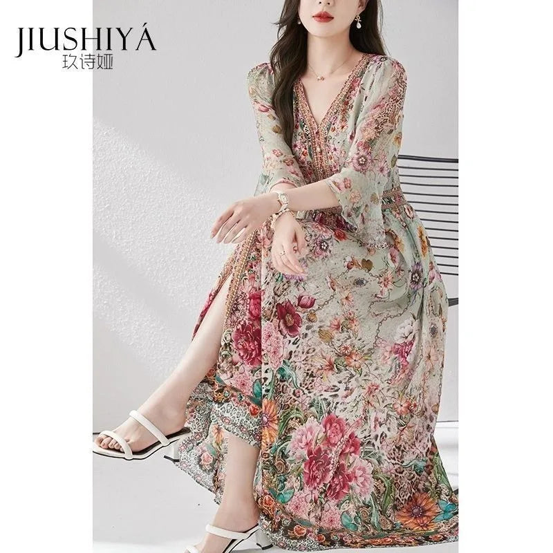 Green Silk Dress for Women in the Summer of 2026 Luxurious High-end Exquisite and Elegant Temperament Mulberry Silk Vacation WLF