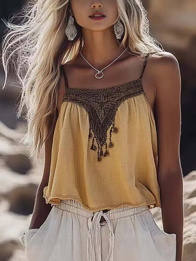 Summer Women Ethnic Retro Suspenders Shirt Top Sexy Ladies Simple Casual Printed Lace Pullover Camisole Cotton linen Top  2025