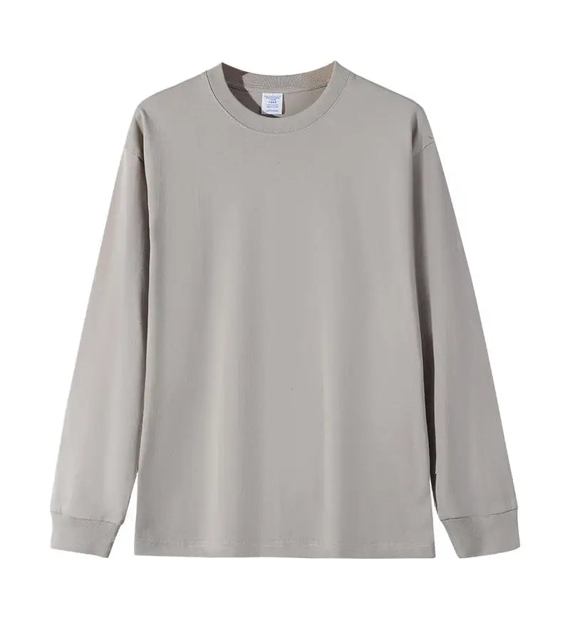 600G/㎡ Long-sleeved T-shirt Men's American Bundle Bottoming Shirt with Small Neckline Loose Pure Cotton Green Autumn Top Men's