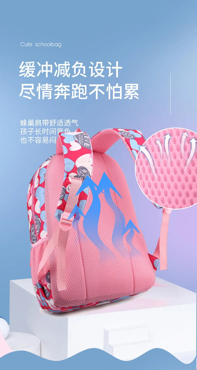 Student Boys And Girls School Bags Love Heart Printed Student Shoulder School Bags 1-6 Grade Light Weight Double  Shoulder Bags