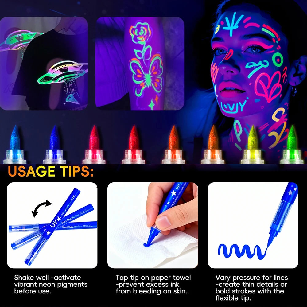 8 Glow in the Dark Body Paint UV Neon Face Paint Pens with 93 Tattoo Stencil Designs for Halloween Carnival Christmas Festival
