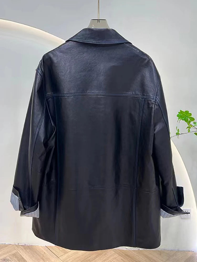 2025 Autumn Women's Oversized Real Leather Jacket Female 100% Sheepskin Retro Brown Broad Shoulder Suit Coat Streetwear Blazer
