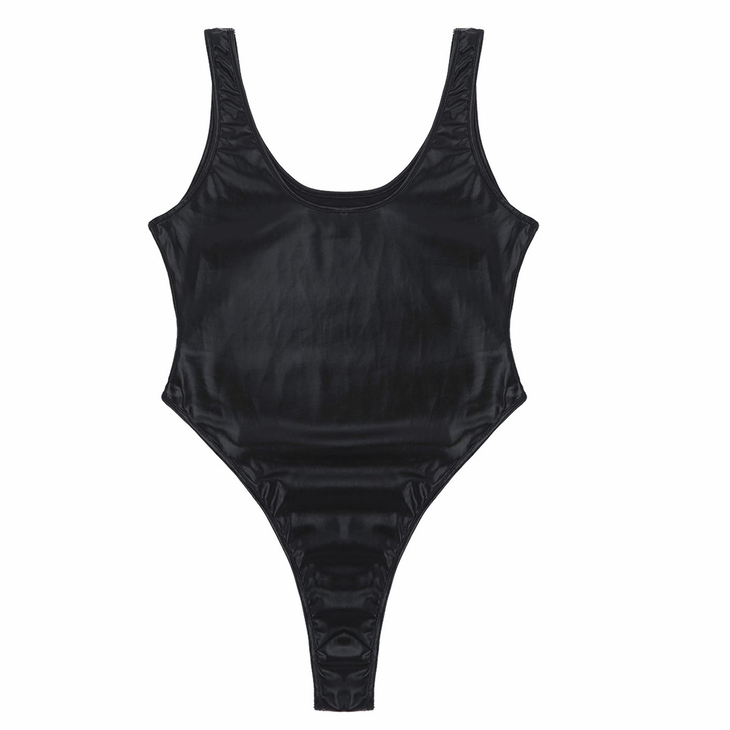 Mens Glossy Bodysuit Fashion One-piece Swimsuit Sleeveless High Cut Wetlook Faux Leather Stretch Leotard Unitard Bathing Suit