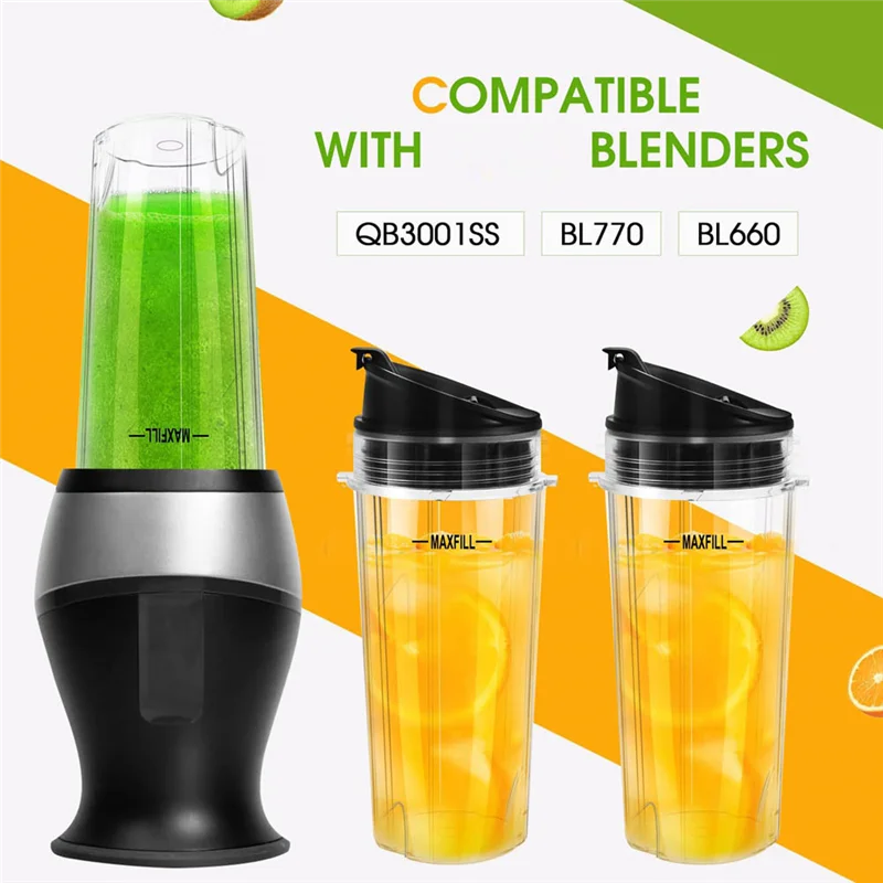 B59B-Blender Replacement Parts For Ninja, 3 Pack 16Oz Ninja Blender Cups Replacement With To-Go Lids For Nutri Ninja QB3001SS