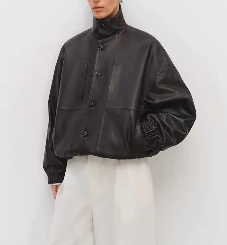 Imported Lightweight Leather Jacket for Women Modern Genuine Sheepskin Stand Up Collar Short Silhouette Coat Winter Tops Mujer
