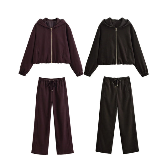 Women Sports Pants Set Fashion Autumn Winter Female Hooded Bomber Jacket Coat Or Lady Casual Chic Wide Leg Pants Knitted Sets