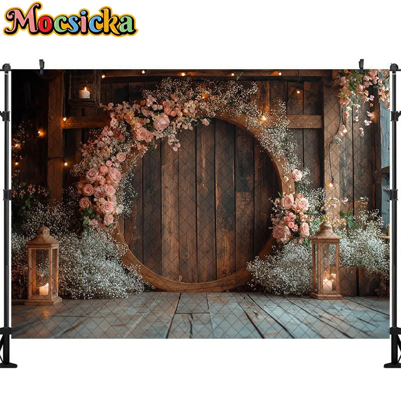 Wedding Theme Photography Background Round Wreath Wooden Wall Decoration Couple Wedding Scene Supplies Backdrop Studio Props