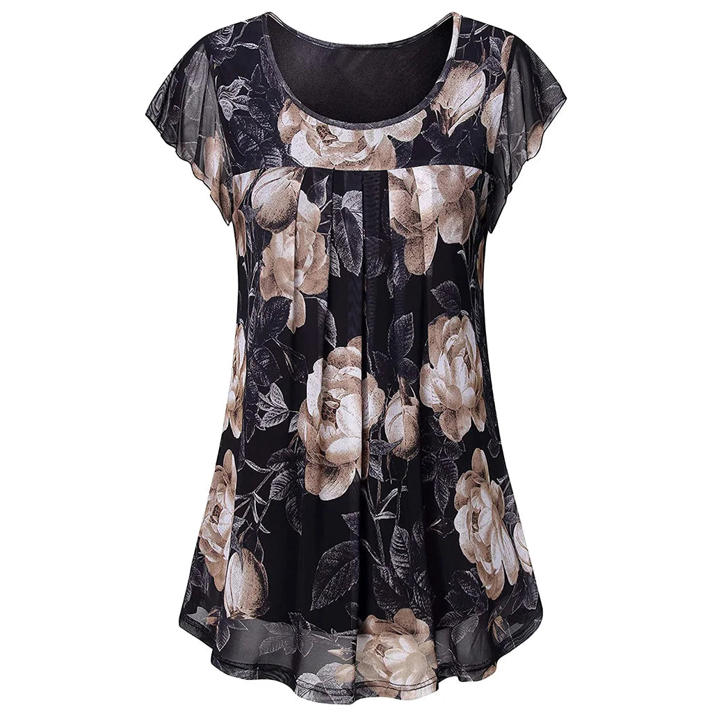 Womens Tops Summer T Shirts Casual V Neck Floral Print Petal Women's Athletic Shirts Mesh fabric Plus Size