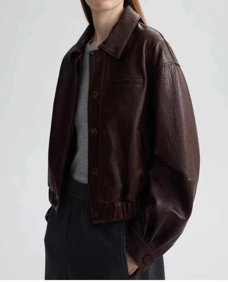 Retro Leather Bomber Jackets for Women Genuine Foam Leather Bubble Texture Short Coat Female Square-Cut Lapel Slim Fit Chaquetas