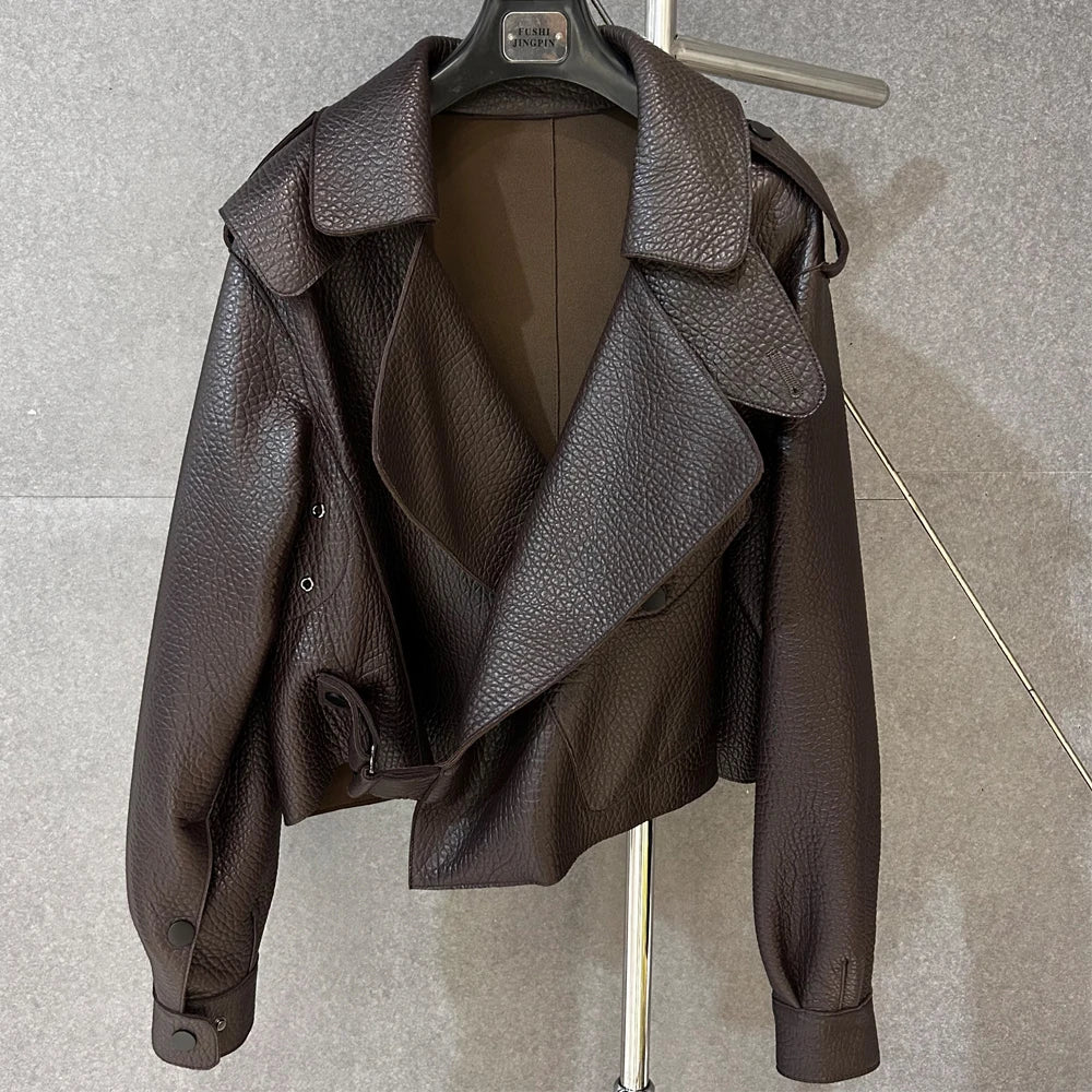 Oversized Brown Suede Women Jacket Real Sheepskin Leather Coat 2026 Loose Outwear
