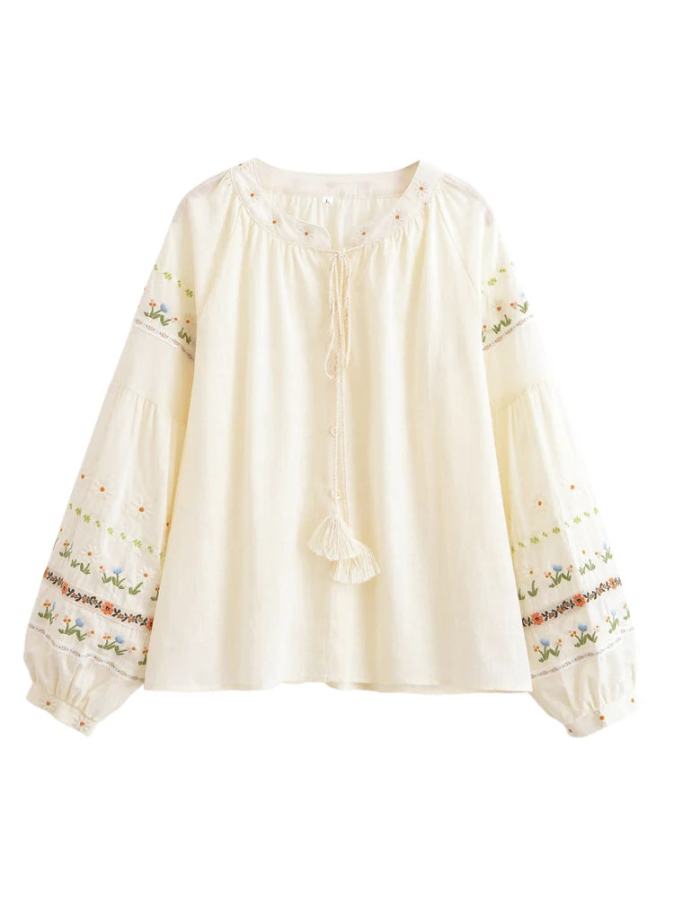 Retro Vintage Fashion Women Floral Embroidery Linen Cotton Beach Bohemian Blouse Shirts Tops Long Sleeve Loose Boho Blusas