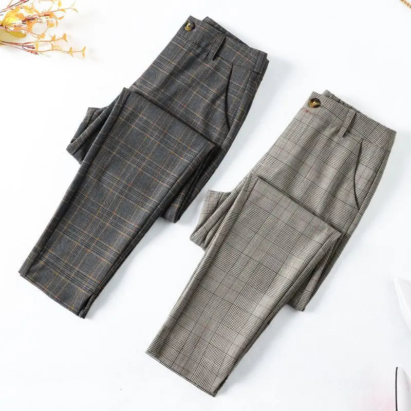 Office Lady Slim Woman Clothing Plaid Suits Pants Spring Autumn New Korean Fashion Vintage High Waist Straight Casual Trousers