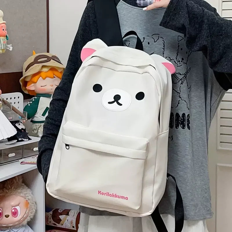 Rilakkuma Kawaii Cartoon Backpack Waterproof Nylon Large Capacity Embroidery School Bag For Young Adult Daily Travel Campus Work