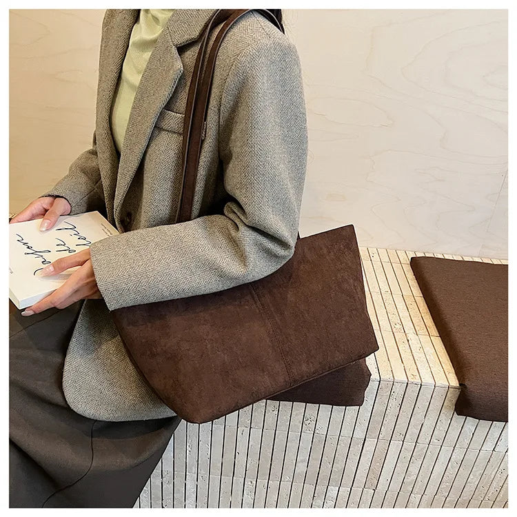 Large Capacity Tote Women Bag Retro Faux Suede Shoulder Bag Quitting Designer Bags for Women Handbag Commuting Shopper Purses