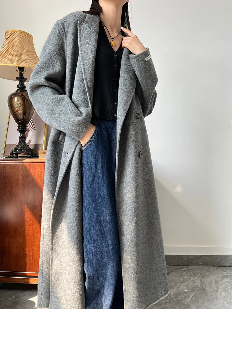 Office Lady Woolen Jackets 2024 Autumn And Winter Suit Collar Double Breasted Warmer Yak Hair Loose Long Women's Wool Coats