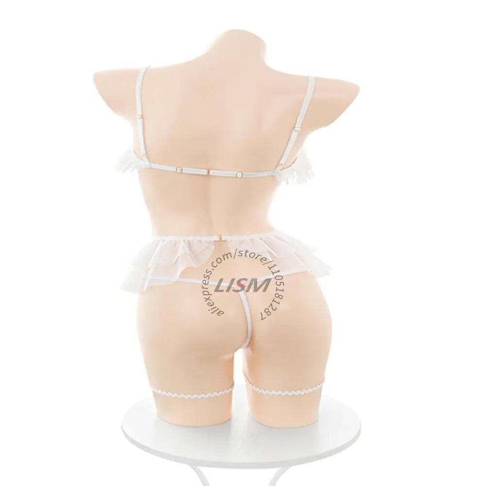 LISM Women's Cute Ruffle Lingerie Set White Sheer Triangle Bra Thong Garter Belt Set for Intimate Wear Cosplay