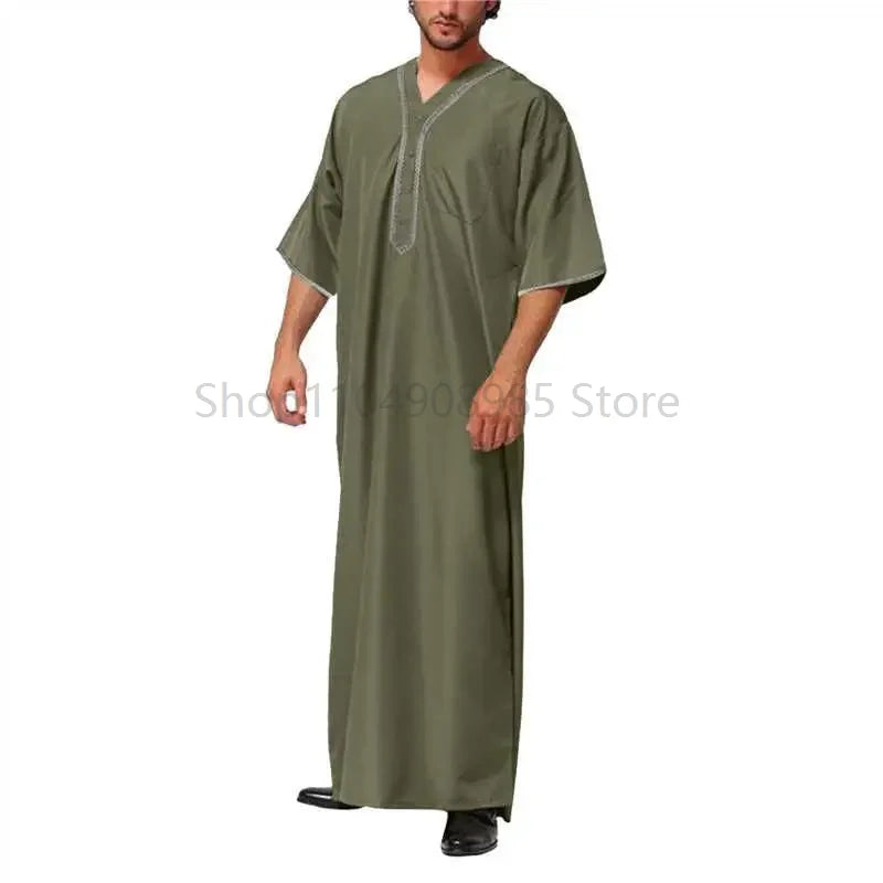 Islamic Muslim Men's Solid Color Short Sleeve Classic Embroidery Robe Dubai Arabic Ethnic Style Men's Casual Formal Robe