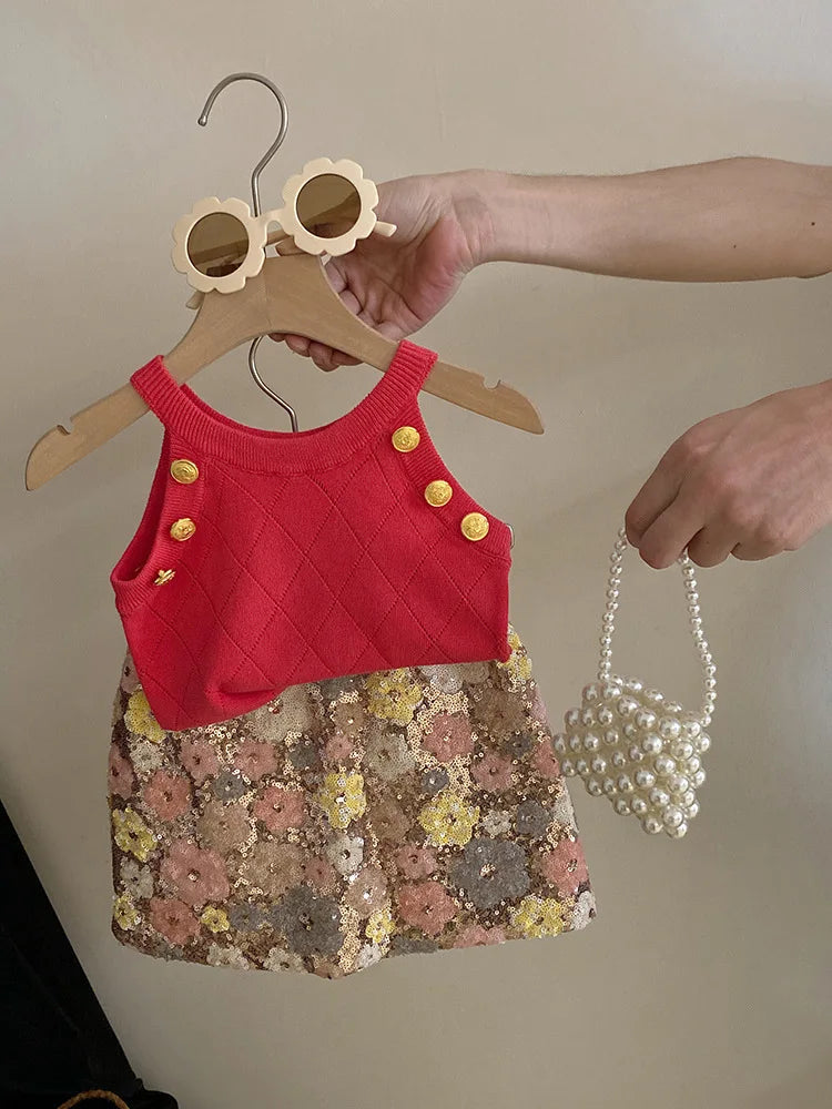 Summer Set Top 2024 New Girls Design Tank Top Flower Short Skirt Set Baby Girl Sweet Cute Temperament Clothes