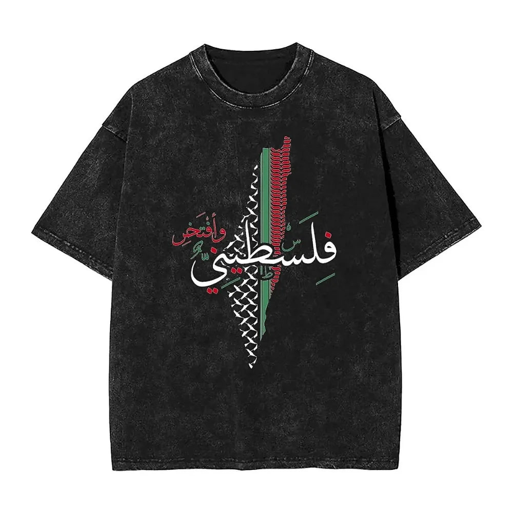 Palestine Map Print Washed T-Shirts Palestine Flag Fashion Short-Sleeve Tops Summer Casual O-Neck Tees Men's Clothing Gift